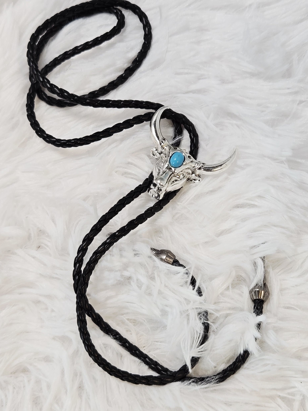 Western Bull Skull Bolo Tie Necklace Turquoise Gothic Cowboy Jewelry Unisex - Picture 5 of 6